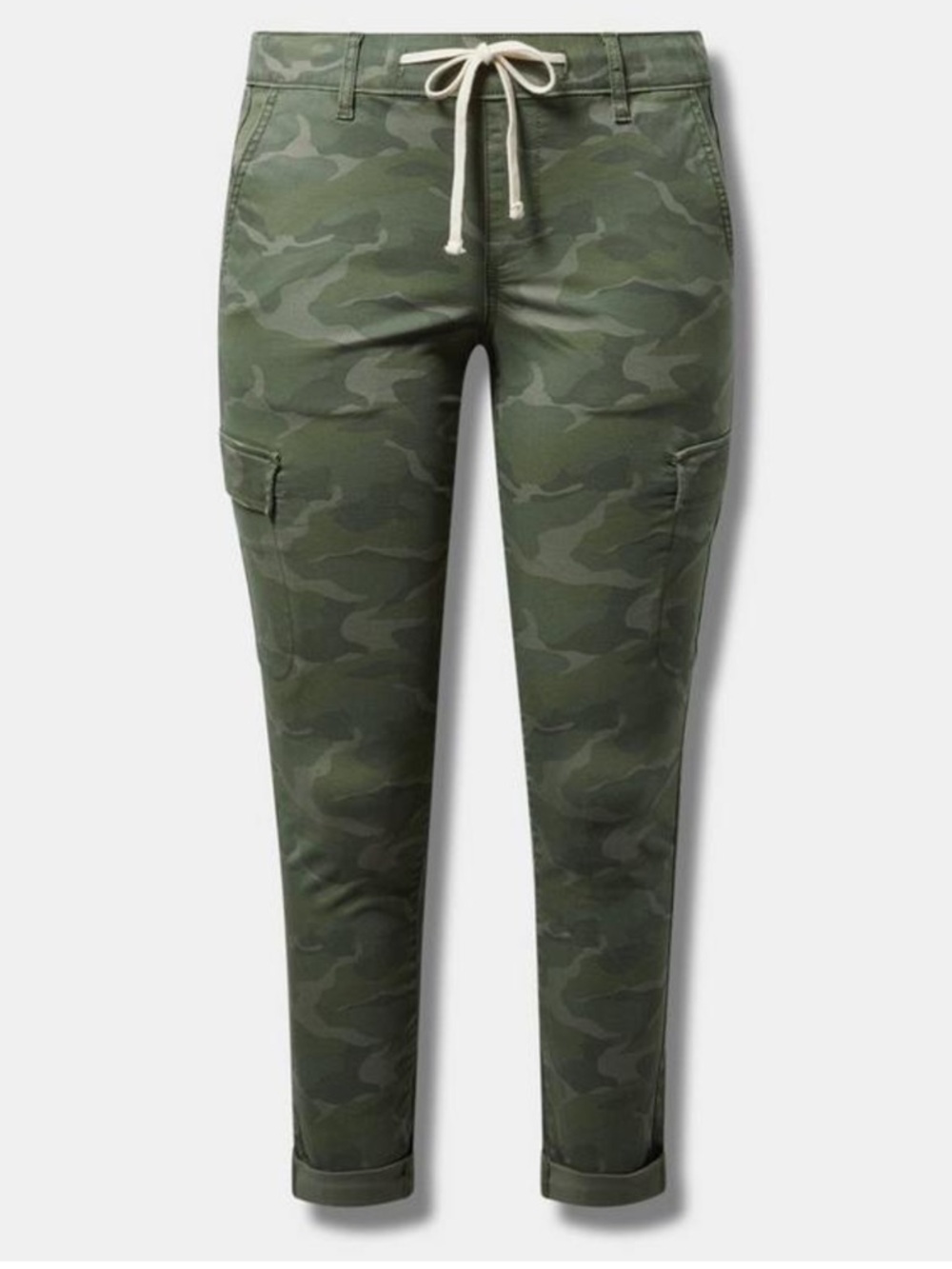 torrid Pull On Weekend Stretch Twill Cargo Mid-Rise Pants in Camo Cadet Olive - Picture 4 of 9